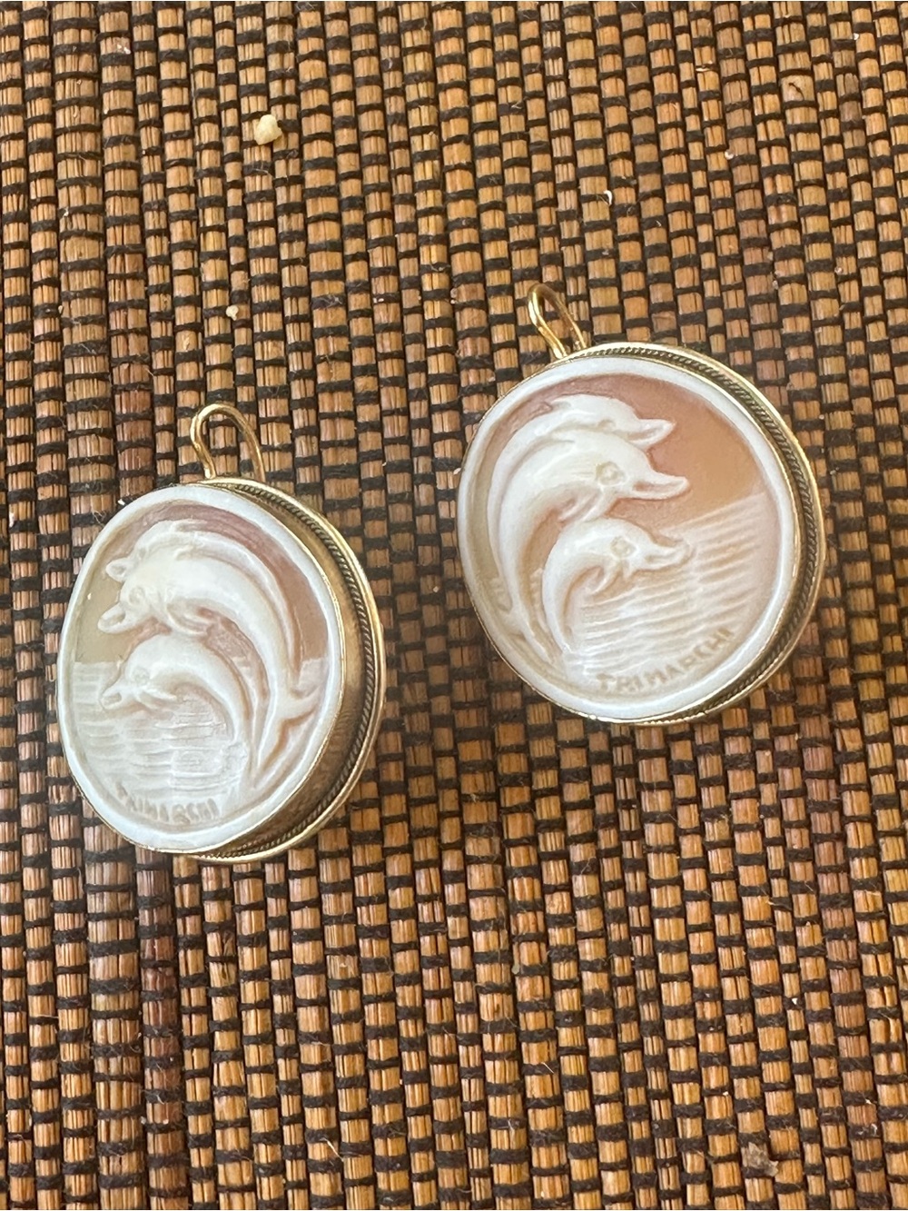 Shell Cameo Dolphin earrings in Cream and Gold